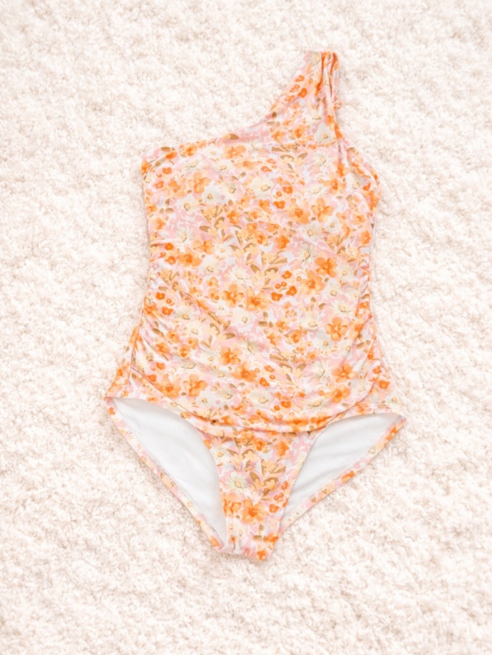 Kona Sol One Shoulder Floral One Piece Swimsuit Small Orange Pink Ruched Padded